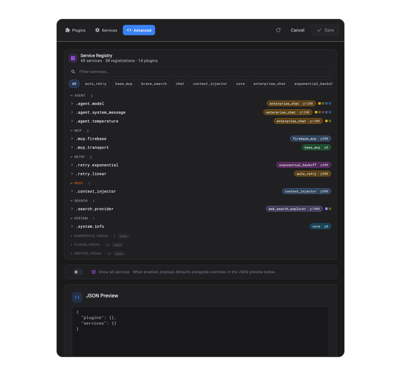 Plugin Kit Dialog Advanced tab showing the service registry inspector with namespaces, competing registrations, priority badges, and the current winner picked out