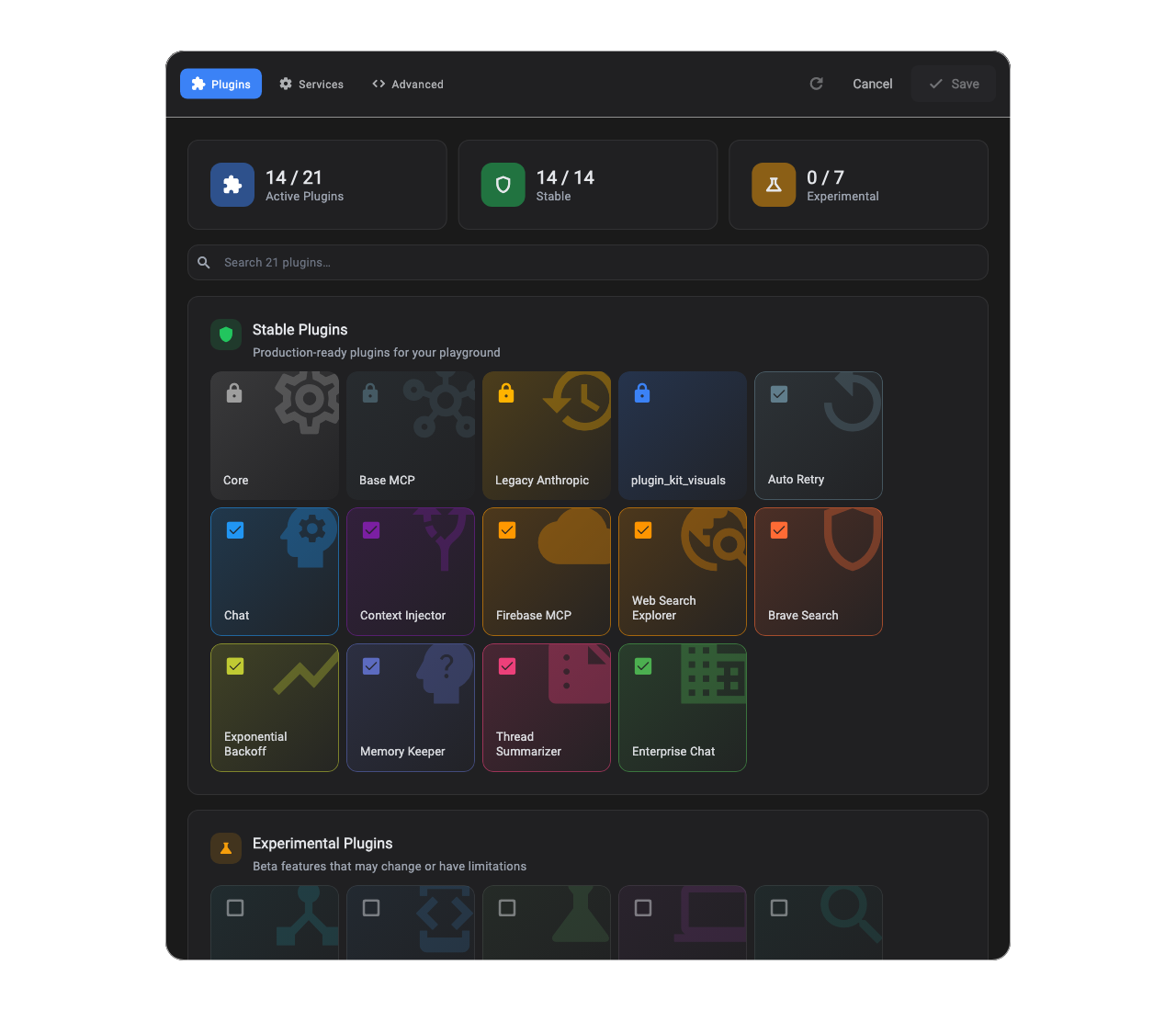 Plugin Kit Dialog Plugins tab showing a grid of registered plugins with their enabled state, badges, and descriptions